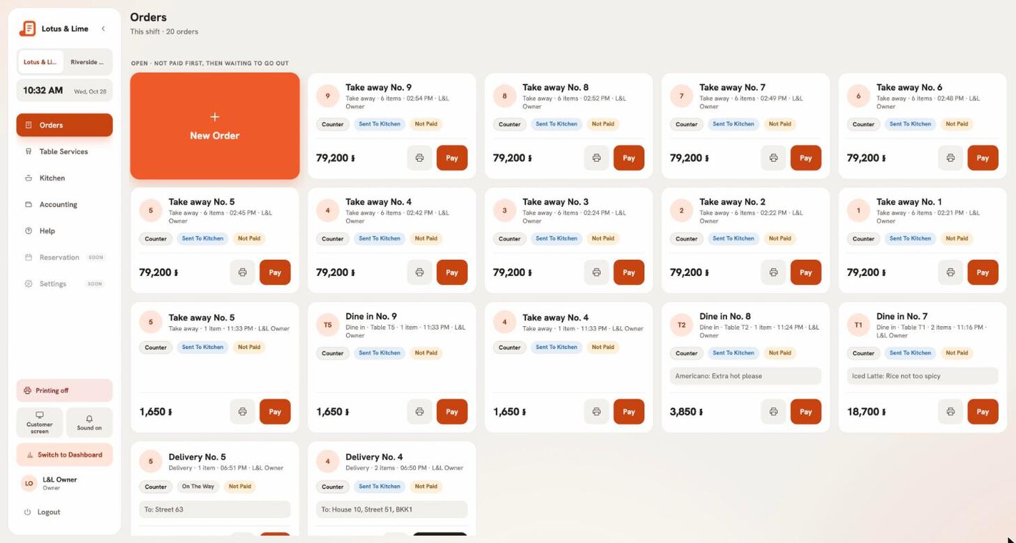 The till’s Orders screen: New Order, and open orders each with its call number, status, total and Pay